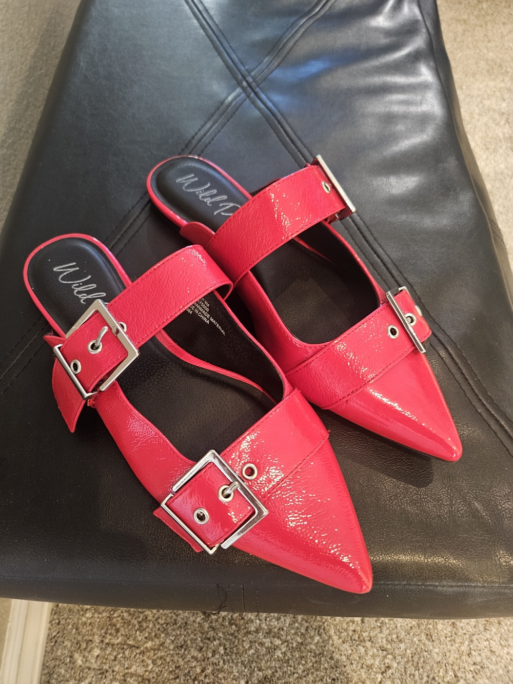 Never Worn Wild Pair Red Pointed Patent Mule with Silver Buckle Straps